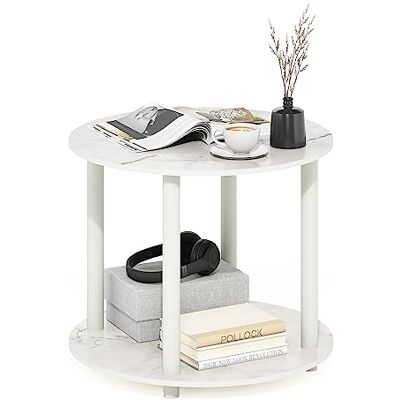 Furinno TURN-TUBE Moderne ronde salontafel met 2 niveaus met open rek, bijzettafel voor montage zonder gereedschap, voor woonkamer, slaapkamer, thuiskantoor, wit gemarmerd Furinno TURN-TUBE Moderne ronde salontafel met 2 niveaus met open rek, bijzettafel voor montage zonder gereedschap, voor woonkamer, slaapkamer, thuiskantoor, wit gemarmerd