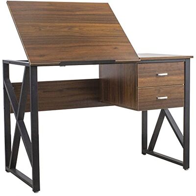 BAKAJI Bureau met commode 2 laden en kantelbaar blad, werktafel, computerhouder, metalen frame en blad van MDF, decoratie voor thuis, kantoor, 110 x 75 x 55 cm (walnoot) BAKAJI Bureau met commode 2 laden en kantelbaar blad, werktafel, computerhouder, metalen frame en blad van MDF, decoratie voor thuis, kantoor, 110 x 75 x 55 cm (walnoot)