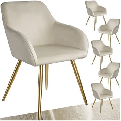 tectake Eetkamerstoelen, set van 6, moderne fluwelen zitting met armleuningen, woonkamerstoel, gestoffeerde bureaustoel met goudkleurige metalen poten, make-uptafel stoel (crème/goud) tectake Eetkamerstoelen, set van 6, moderne fluwelen zitting met armleuningen, woonkamerstoel, gestoffeerde bureaustoel met goudkleurige metalen poten, make-uptafel stoel (crème/goud)