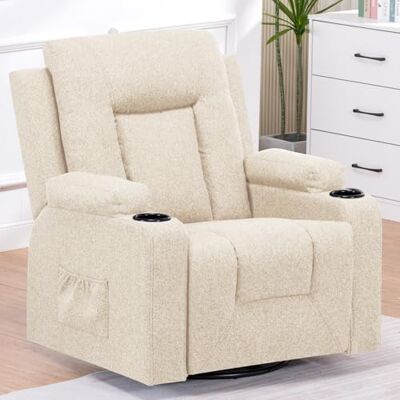 COMHOMA Relaxstoel van stof voor woonkamer met handmatig verstelbare rugleuning, uittrekbare voetensteun, 360° draaibare basis, bekerhouder, zijzakken en ergonomisch design, beige COMHOMA Relaxstoel van stof voor woonkamer met handmatig verstelbare rugleuning, uittrekbare voetensteun, 360° draaibare basis, bekerhouder, zijzakken en ergonomisch design, beige