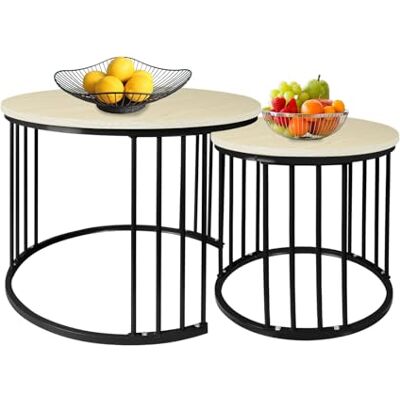 LANTUS Set van 2 salontafels, marmer/bijzettafel voor woonkamer, diameter 60 + 40 cm, grote ronde tafel, wit marmerlook en frame van goudkleurig staal, (60 x 60 x 45 cm + 40 x 40 x 38 cm), wit en zwart LANTUS Set van 2 salontafels, marmer/bijzettafel voor woonkamer, diameter 60 + 40 cm, grote ronde tafel, wit marmerlook en frame van goudkleurig staal, (60 x 60 x 45 cm + 40 x 40 x 38 cm), wit en zwart