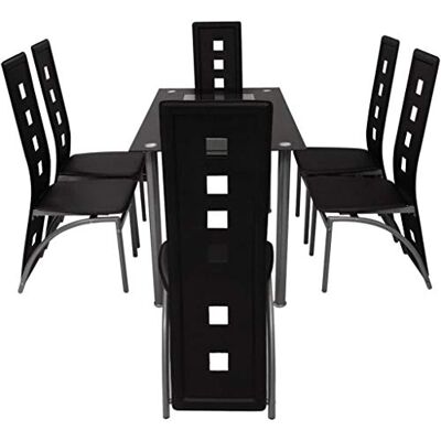LANTUS Set van 6 keukenstoelen, hoge rugleuning, brede zitting, eetkamerstoelen, woonkamerstoel van pvc, voor tuin, zwart, 6 stuks LANTUS Set van 6 keukenstoelen, hoge rugleuning, brede zitting, eetkamerstoelen, woonkamerstoel van pvc, voor tuin, zwart, 6 stuks