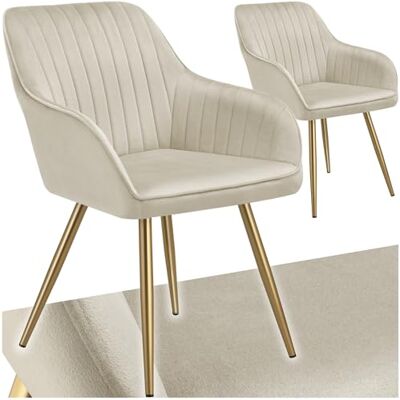 tectake Eetkamerstoelen met gewatteerde hoezen, fluwelen look, doorlopende rugleuning en goudkleurige stalen poten, voor keuken, woonkamer en kantoor, crème/goud tectake Eetkamerstoelen met gewatteerde hoezen, fluwelen look, doorlopende rugleuning en goudkleurige stalen poten, voor keuken, woonkamer en kantoor, crème/goud