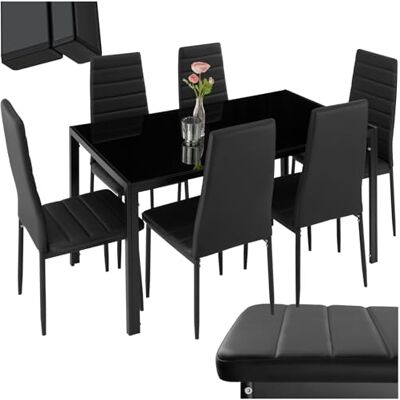 tectake ® Moderne eetkamertafel en stoelen met 6 stoelen van kunstleer, elegant tafelblad van veiligheidsglas en robuust stalen frame, ideaal voor eetkamer en keuken, zwart tectake ® Moderne eetkamertafel en stoelen met 6 stoelen van kunstleer, elegant tafelblad van veiligheidsglas en robuust stalen frame, ideaal voor eetkamer en keuken, zwart