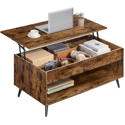 VASAGLE Salontafel, opklapbare salontafel, gasveer, vak onder het blad, open vak, voor woonkamer, kantoor, eetkamer, rustiek bruin en inktzwart LCT267KD01 VASAGLE Salontafel, opklapbare salontafel, gasveer, vak onder het blad, open vak, voor woonkamer, kantoor, eetkamer, rustiek bruin en inktzwart LCT267KD01