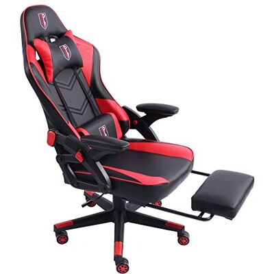Trisens Gamingstoel in modern racedesign met uittrekbare voetensteun, verstelbare armleuningen, ergonomische bureaustoel met extra steunkussen, kleur: zwart/rood Trisens Gamingstoel in modern racedesign met uittrekbare voetensteun, verstelbare armleuningen, ergonomische bureaustoel met extra steunkussen, kleur: zwart/rood