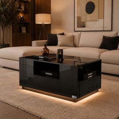 Makika Salontafel, led-salontafel, bijzettafel met legplank en laden, tv-tafel, hout, woonkamerkast, commode, tv-design, zwart glanzend Makika Salontafel, led-salontafel, bijzettafel met legplank en laden, tv-tafel, hout, woonkamerkast, commode, tv-design, zwart glanzend