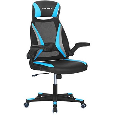 SONGMICS OBN086B03 Bureaustoel met mesh-bekleding, hoofdsteun en armleuning, in hoogte verstelbaar, 360 graden draaibaar, kantelfunctie, belastbaar tot 130 kg, ergonomisch, zwart/blauw SONGMICS OBN086B03 Bureaustoel met mesh-bekleding, hoofdsteun en armleuning, in hoogte verstelbaar, 360 graden draaibaar, kantelfunctie, belastbaar tot 130 kg, ergonomisch, zwart/blauw