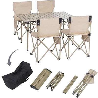 Mendler HWC-Q39 Campingset, tafel en 4 klapstoelen, visstoel, metalen stof, crème Mendler HWC-Q39 Campingset, tafel en 4 klapstoelen, visstoel, metalen stof, crème