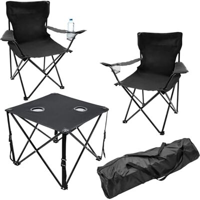 Spetebo Campinglounge, zwart, 1 tafel + 2 stoelen met geïntegreerde drankhouders, 3-delig, tuintafelset met klapstoelen tot 100 kg, klapstoel voor vissers Spetebo Campinglounge, zwart, 1 tafel + 2 stoelen met geïntegreerde drankhouders, 3-delig, tuintafelset met klapstoelen tot 100 kg, klapstoel voor vissers