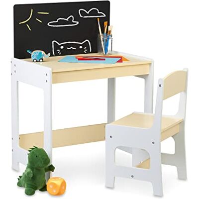 Relaxdays kindertafel en stoel, speeltafel en kinderstoel met schoolbord, kleuren en knutselen, speelhoek, wit/beige Relaxdays kindertafel en stoel, speeltafel en kinderstoel met schoolbord, kleuren en knutselen, speelhoek, wit/beige
