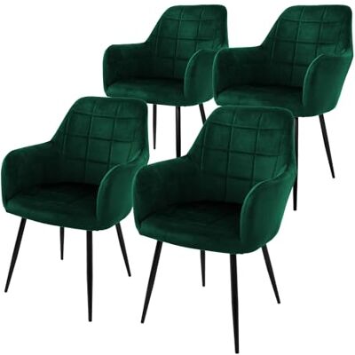 ECD Germany Set van 4 eetkamerstoelen, donkergroen, retrostijl, gestoffeerde zitting in fluwelen look, poten van zwart metaal, met rugleuning en armleuningen, moderne stoel, woonkamer, kantoor, slaapkamer ECD Germany Set van 4 eetkamerstoelen, donkergroen, retrostijl, gestoffeerde zitting in fluwelen look, poten van zwart metaal, met rugleuning en armleuningen, moderne stoel, woonkamer, kantoor, slaapkamer