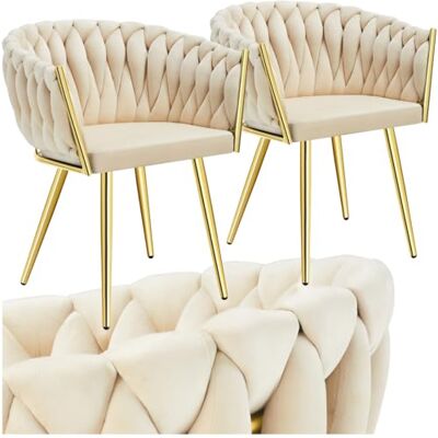 tectake ® Eetkamerstoelen van fluweel met armleuningen, strik-look, modern, voor woonkamer, keuken, make-uptafel, zand/goud, 2 stuks tectake ® Eetkamerstoelen van fluweel met armleuningen, strik-look, modern, voor woonkamer, keuken, make-uptafel, zand/goud, 2 stuks