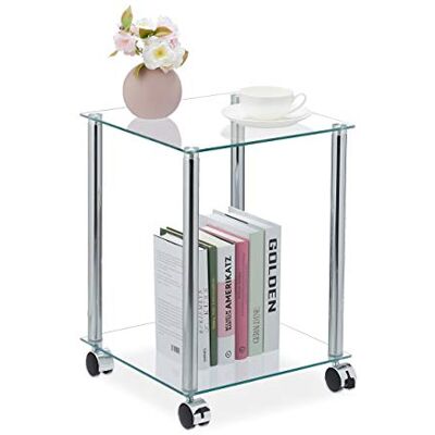 Relaxdays Bijzettafel met wielen, 2 houders, vierkant, woonkamer, glas staal, salontafel, transparant/zilver Relaxdays Bijzettafel met wielen, 2 houders, vierkant, woonkamer, glas staal, salontafel, transparant/zilver
