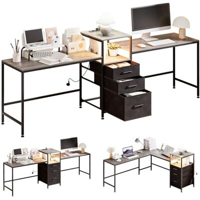 Yorbay Dubbele bureautafel met stopcontacten: L-vormig computerbureau met stoffen laden, printerrek, led-speeltafel voor kantoor, werkkamer, woonkamer Yorbay Dubbele bureautafel met stopcontacten: L-vormig computerbureau met stoffen laden, printerrek, led-speeltafel voor kantoor, werkkamer, woonkamer