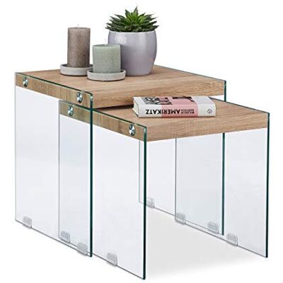 Relaxdays Set van 2 uittrekbare bovenkant, massief glas, hoge woonkamertafel, 40-45 cm, natuur, natuur, 2 maten Relaxdays Set van 2 uittrekbare bovenkant, massief glas, hoge woonkamertafel, 40-45 cm, natuur, natuur, 2 maten