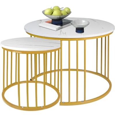 LANTUS Salontafel voor woonkamer, geschikt voor ramen en erker, koffietafel, 2-delig, moderne ronde salontafel, ronde uitschuiftafel, rond, (60 x 60 x 45 cm en 40 x 40 x 38 cm), wit en goud LANTUS Salontafel voor woonkamer, geschikt voor ramen en erker, koffietafel, 2-delig, moderne ronde salontafel, ronde uitschuiftafel, rond, (60 x 60 x 45 cm en 40 x 40 x 38 cm), wit en goud