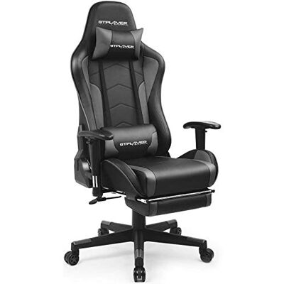 GTPLAYER Gaming Chair met Bluetooth-luidspreker Voetsteun Bureau Kantoor Gamer Ergonomisch met kussen Verstelbare 3D-armleuningen Multifunctionele verstelbare rugleuning Grijs GTPLAYER Gaming Chair met Bluetooth-luidspreker Voetsteun Bureau Kantoor Gamer Ergonomisch met kussen Verstelbare 3D-armleuningen Multifunctionele verstelbare rugleuning Grijs