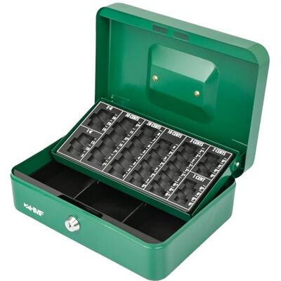 HMF Afsluitbare geldcassette met telplaat voor euromunten, 3 vakken voor bankbiljetten, 25 x 18 x 9 cm, groen HMF Afsluitbare geldcassette met telplaat voor euromunten, 3 vakken voor bankbiljetten, 25 x 18 x 9 cm, groen