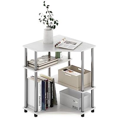 Furinno Turn-N-Tube Ruimtebesparend hoekbureau met planken, wit eiken, roestvrijstalen buizen, 79 (L) x 72,4 (H) x 57,2 (D) cm Furinno Turn-N-Tube Ruimtebesparend hoekbureau met planken, wit eiken, roestvrijstalen buizen, 79 (L) x 72,4 (H) x 57,2 (D) cm