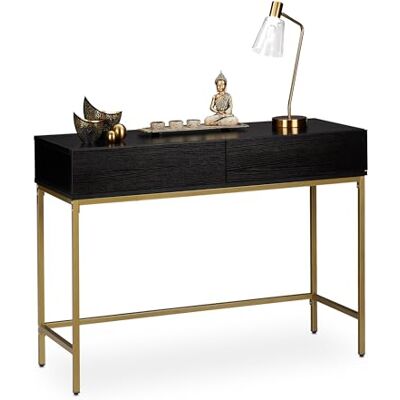 Relaxdays Consoletafel met 2 laden, dressoir, hal, woonkamer, opbergtafel in houtlook, hoogte 80 x 110 x 40 cm, zwart/goud Relaxdays Consoletafel met 2 laden, dressoir, hal, woonkamer, opbergtafel in houtlook, hoogte 80 x 110 x 40 cm, zwart/goud