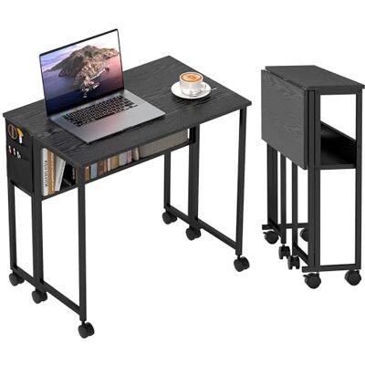 HOMCOM Opvouwbaar bureau op wielen, computertafel 80 x 50 cm met plank en opbergtas, studeertafel voor thuiskantoor, slaapkamer, kleine ruimtes, zwart HOMCOM Opvouwbaar bureau op wielen, computertafel 80 x 50 cm met plank en opbergtas, studeertafel voor thuiskantoor, slaapkamer, kleine ruimtes, zwart