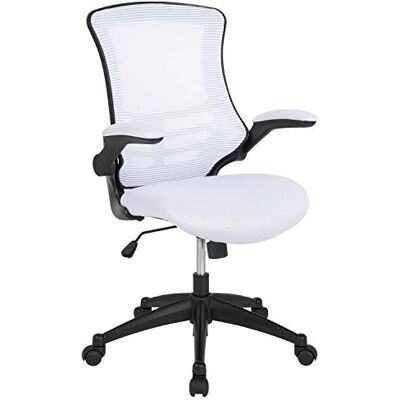 Flash Furniture Witte draaiende LeatherSoft werkbureaustoel met middelhoge rugleuning van gaas en opklapbare armleuningen Flash Furniture Witte draaiende LeatherSoft werkbureaustoel met middelhoge rugleuning van gaas en opklapbare armleuningen