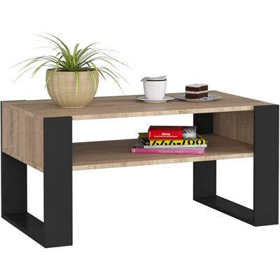 AKORD DOMI Houten salontafel met legplank, 92 x 45 x 53 cm, voor woonkamer, slaapkamer, minimalistisch, modern design, laminaatplaat, 16 mm, Sonoma eik + zwarte poten AKORD DOMI Houten salontafel met legplank, 92 x 45 x 53 cm, voor woonkamer, slaapkamer, minimalistisch, modern design, laminaatplaat, 16 mm, Sonoma eik + zwarte poten