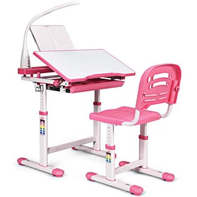 COSTWAY Bureau voor kinderen, tafel en stoel voor kinderen, met lamp, in hoogte verstelbaar, tafelplaat, kantelbaar, voor studie, werk, maximale belasting 80 kg (roze) COSTWAY Bureau voor kinderen, tafel en stoel voor kinderen, met lamp, in hoogte verstelbaar, tafelplaat, kantelbaar, voor studie, werk, maximale belasting 80 kg (roze)