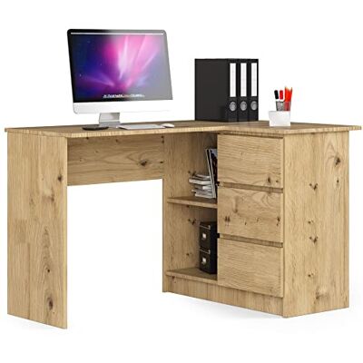 AKORD Hoekbureau met 2 planken en 3 laden, tafel met geïntegreerde en modulaire opbergruimte, L 124 x H 77 x D 85, kantoorbenodigdheden, ambachtelijk eiken AKORD Hoekbureau met 2 planken en 3 laden, tafel met geïntegreerde en modulaire opbergruimte, L 124 x H 77 x D 85, kantoorbenodigdheden, ambachtelijk eiken