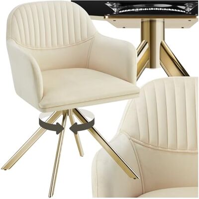 tectake Fluwelen draaistoel Bureau en eetkamer met armleuningen Fluwelen stoel voor keuken en woonkamer 56 x 59 x 81 cm Crème/goud tectake Fluwelen draaistoel Bureau en eetkamer met armleuningen Fluwelen stoel voor keuken en woonkamer 56 x 59 x 81 cm Crème/goud
