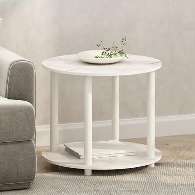 Furinno Turn-N-Tube Ronde houten bijzettafel met 2 etages, eenvoudig design, wit marmer Furinno Turn-N-Tube Ronde houten bijzettafel met 2 etages, eenvoudig design, wit marmer