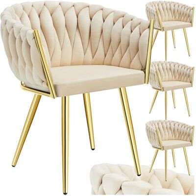 tectake ® Eetkamerstoelen van fluweel met armleuningen, striklook, modern, voor woonkamer, keuken, eetkamer, make-uptafel, zand/goud, 4 stuks tectake ® Eetkamerstoelen van fluweel met armleuningen, striklook, modern, voor woonkamer, keuken, eetkamer, make-uptafel, zand/goud, 4 stuks