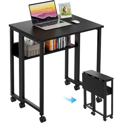 GreenForest Klein opvouwbaar bureau met opbergrek, 63 cm computerbureau met wielen, eenvoudige montage, opvouwbaar bureau voor kleine ruimtes, zwart GreenForest Klein opvouwbaar bureau met opbergrek, 63 cm computerbureau met wielen, eenvoudige montage, opvouwbaar bureau voor kleine ruimtes, zwart