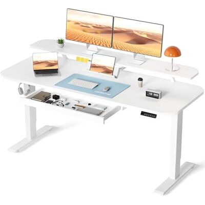 COMHOMA Elektrisch in hoogte verstelbaar bureau 120 x 60 cm met laden, standaard voor monitor, tablet en geheugenbesturing op 3 hoogtes, wit COMHOMA Elektrisch in hoogte verstelbaar bureau 120 x 60 cm met laden, standaard voor monitor, tablet en geheugenbesturing op 3 hoogtes, wit