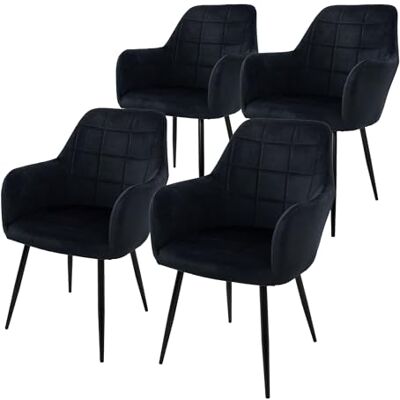 ECD Germany Set van 4 eetkamerstoelen, keuken, woonkamer, zwart, gestoffeerde zitting van fluweel, metalen structuur, retro stoel met armleuningen, voor kantoor, ontvangst, meubels ECD Germany Set van 4 eetkamerstoelen, keuken, woonkamer, zwart, gestoffeerde zitting van fluweel, metalen structuur, retro stoel met armleuningen, voor kantoor, ontvangst, meubels
