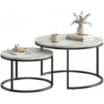 HOMCOM Salontafel, uittrekbaar, rond, stapelbaar, industrieel design, metalen poten, grijs, 2 stuks HOMCOM Salontafel, uittrekbaar, rond, stapelbaar, industrieel design, metalen poten, grijs, 2 stuks