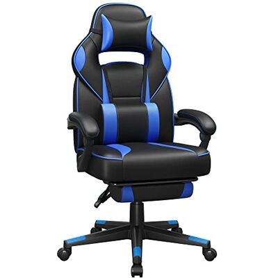 SONGMICS Gamingstoel, verstelbare bureaustoel, met telescopische voetensteun, ergonomisch, hoofdsteun, lendensteun, belasting 150 kg, zwart en blauw OBG073B04 SONGMICS Gamingstoel, verstelbare bureaustoel, met telescopische voetensteun, ergonomisch, hoofdsteun, lendensteun, belasting 150 kg, zwart en blauw OBG073B04