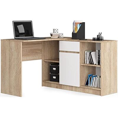AKORD B-17 Hoekbureau 2-in-1 combi-bureau + commode met 1 lade, 1 opbergvak met deur en 2 open planken, B 120 x H 79/77 x D 126, 68 kg, Sonoma eiken en witte voorkant AKORD B-17 Hoekbureau 2-in-1 combi-bureau + commode met 1 lade, 1 opbergvak met deur en 2 open planken, B 120 x H 79/77 x D 126, 68 kg, Sonoma eiken en witte voorkant