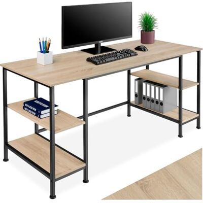 tectake ® Bureau met 4 legplanken, afmetingen 137 x 55 x 75 cm, computerbureau van hout en metaal, bureautafel in industrieel design, met zwart metalen frame, licht industrieel hout, eiken tectake ® Bureau met 4 legplanken, afmetingen 137 x 55 x 75 cm, computerbureau van hout en metaal, bureautafel in industrieel design, met zwart metalen frame, licht industrieel hout, eiken