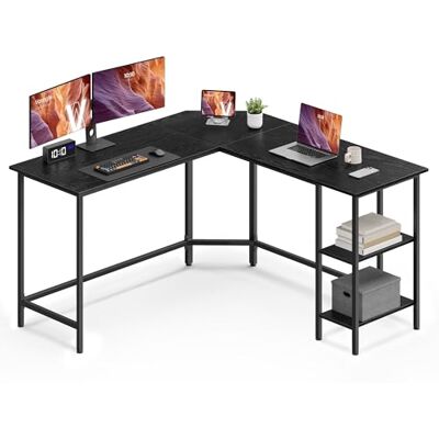 VASAGLE LWD072B56 L-vormig computerbureau hoekwerkplek met 2 planken voor thuiskantoor, ruimtebesparend, eenvoudig te monteren, zwart gamingbureau met houtnerf VASAGLE LWD072B56 L-vormig computerbureau hoekwerkplek met 2 planken voor thuiskantoor, ruimtebesparend, eenvoudig te monteren, zwart gamingbureau met houtnerf