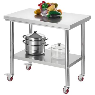 VEVOR Werktafel van roestvrij staal, 61 x 90 cm, met wielen, keukenvoorbereidingstafel met verstelbare planken, voor commerciële keuken, restaurant, hotel en garage, buiten VEVOR Werktafel van roestvrij staal, 61 x 90 cm, met wielen, keukenvoorbereidingstafel met verstelbare planken, voor commerciële keuken, restaurant, hotel en garage, buiten