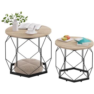WOLTU Set van 2 Nesting Salontafels, Loungetafel, Bijzettafel met Zwart Metalen Frame, Salontafel met Rond Composiet Houten Blad, Industriële Stijl, Licht Eiken + Zwart, BTS05hei WOLTU Set van 2 Nesting Salontafels, Loungetafel, Bijzettafel met Zwart Metalen Frame, Salontafel met Rond Composiet Houten Blad, Industriële Stijl, Licht Eiken + Zwart, BTS05hei