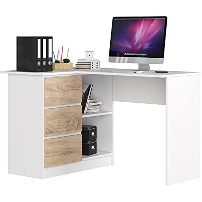 AKORD B-16 hoekbureau 3 laden 2 planken eenvoudige montage 124 x 77 x 85 cm 48 kg wit Sonoma eiken AKORD B-16 hoekbureau 3 laden 2 planken eenvoudige montage 124 x 77 x 85 cm 48 kg wit Sonoma eiken