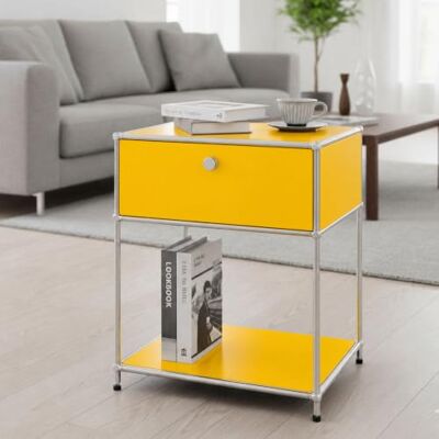 Floordirekt Concept Epure MK-139 metalen rek, geel, 50 × 40 × 65 cm Compact bijzetrek met lade, twee planken en verstelbare poten Floordirekt Concept Epure MK-139 metalen rek, geel, 50 × 40 × 65 cm Compact bijzetrek met lade, twee planken en verstelbare poten