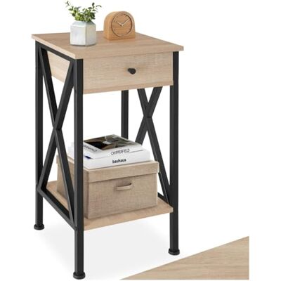 tectake ® Bijzettafel met lade en planken, nachtkastje, boxspringbed, industrieel design, 35 x 35 x 70,5 cm, hoge banktafel, zwart metalen frame (industrieel lichtbruin) tectake ® Bijzettafel met lade en planken, nachtkastje, boxspringbed, industrieel design, 35 x 35 x 70,5 cm, hoge banktafel, zwart metalen frame (industrieel lichtbruin)