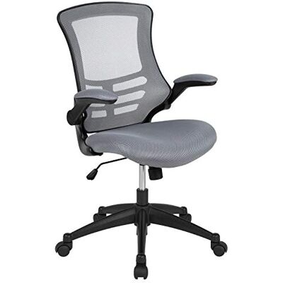 Flash Furniture Donkergrijze draaiende LeatherSoft werkbureaustoel met middelhoge rugleuning van gaas en opklapbare armleuningen Flash Furniture Donkergrijze draaiende LeatherSoft werkbureaustoel met middelhoge rugleuning van gaas en opklapbare armleuningen