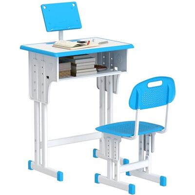 HOMCOM Bureau en stoel voor kinderen met leesstandaard, kluisje, haak en penhouder, in hoogte verstelbaar, 60 x 45 x 90-102 cm, blauw HOMCOM Bureau en stoel voor kinderen met leesstandaard, kluisje, haak en penhouder, in hoogte verstelbaar, 60 x 45 x 90-102 cm, blauw