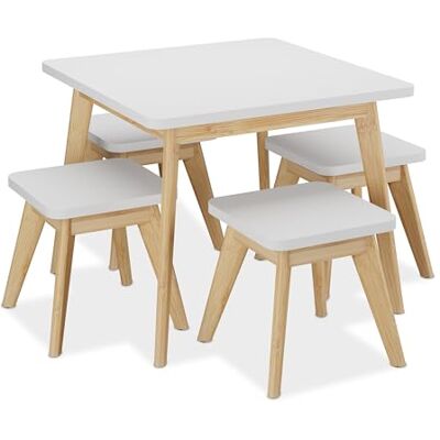 Relaxdays Meubels voor je kool, wit en natuur tafel en 4 krukken, uniseks, voor de kinderkamer Relaxdays Meubels voor je kool, wit en natuur tafel en 4 krukken, uniseks, voor de kinderkamer