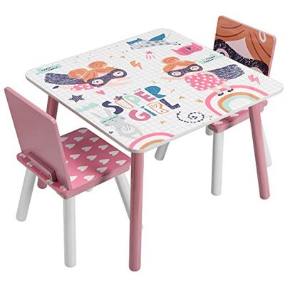 EUGAD 1 tafel en 2 stoelen voor kinderen van MDF en grenenhout, roze 0006ETZY EUGAD 1 tafel en 2 stoelen voor kinderen van MDF en grenenhout, roze 0006ETZY